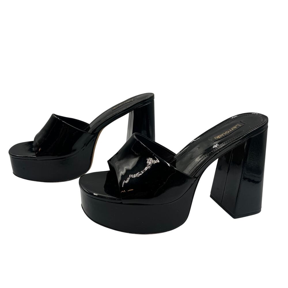 Larroude Dolly Patent Leather Block Heels Platform Sandals Slides Mules Black 8